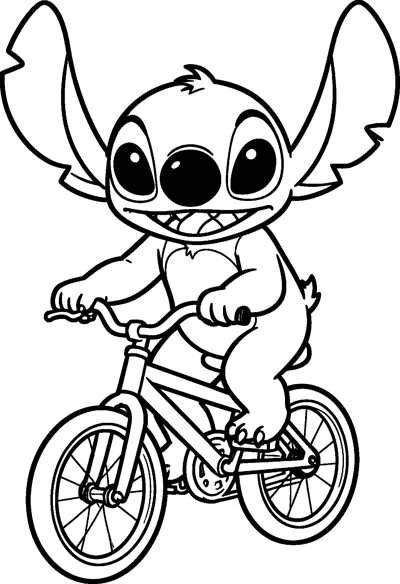A drawing of Stitch grinning widely as he pedals a bicycle with both paws on the handlebars.