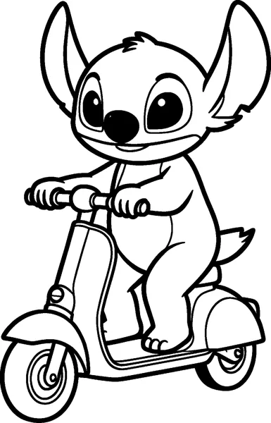 An outline drawing of Stitch sitting on a little motor scooter, gripping the handlebars and smiling as he rides along.
