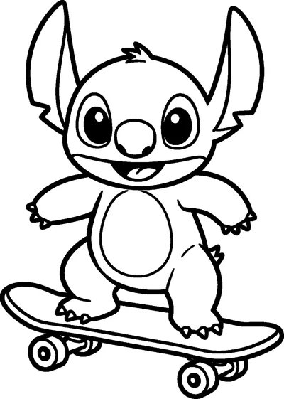 A drawing of Stitch balancing on a skateboard with his arms out, mouth open in a happy grin.