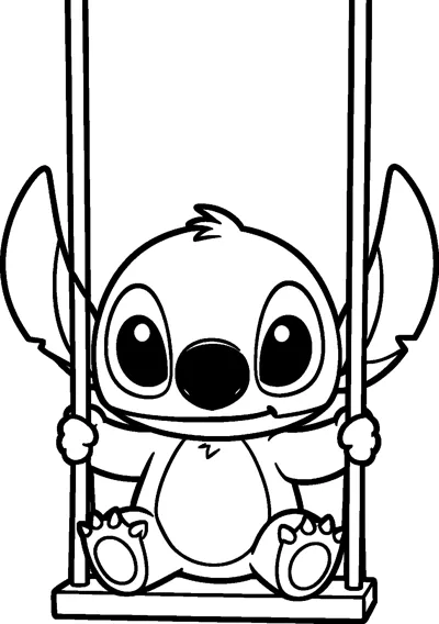 A drawing of Stitch sitting on a swing seat, holding the two ropes with his big ears sticking out either side.