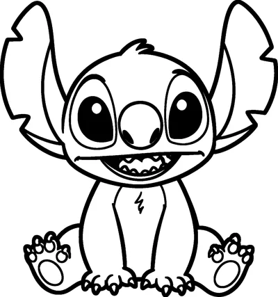 A drawing of Stitch sitting down with his paws forward, enormous notched ears raised and a huge happy smile.