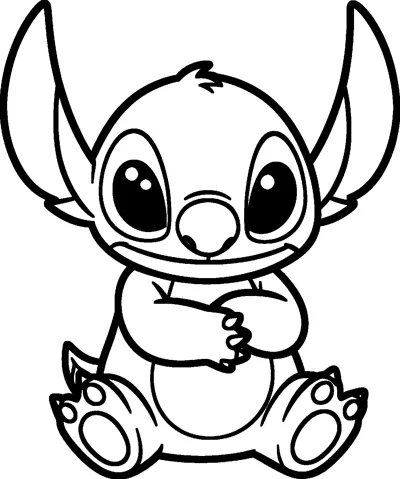 An outline drawing of Stitch sitting on the floor with his hands folded over his tummy and his big feet out front.