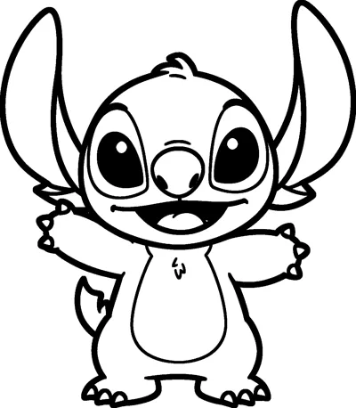 A simple outline drawing of Stitch standing with both arms raised, smiling wide with his big ears pointing up.