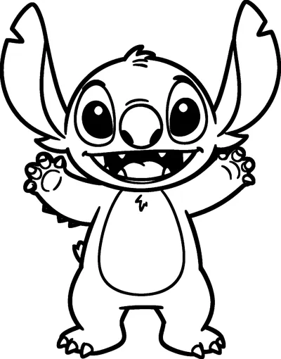 A drawing of Stitch standing on two feet with both arms raised high, big notched ears up and a wide toothy grin.