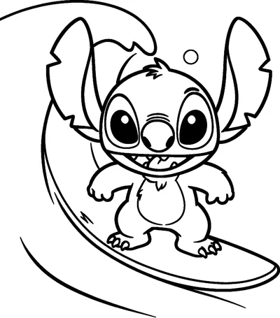 A drawing of Stitch grinning as he rides a surfboard down the curling face of a big ocean wave.