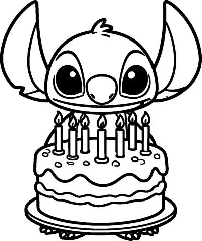 An outline drawing of Stitch peeking over a two-layer birthday cake topped with seven lit candles and sprinkles.