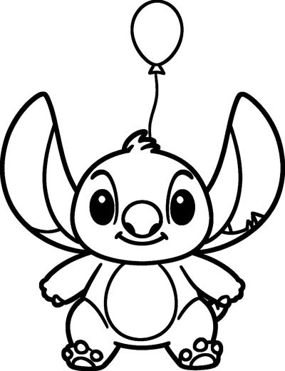 A simple drawing of Stitch standing with his arms out while a single balloon floats above his head.