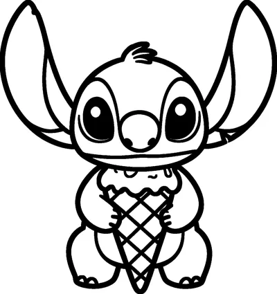 A simple outline drawing of Stitch standing and holding a big ice cream cone with a waffle pattern in front of him.