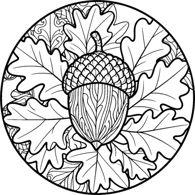 A large patterned acorn sits in the middle of a circle filled with overlapping oak leaves and small swirl designs.