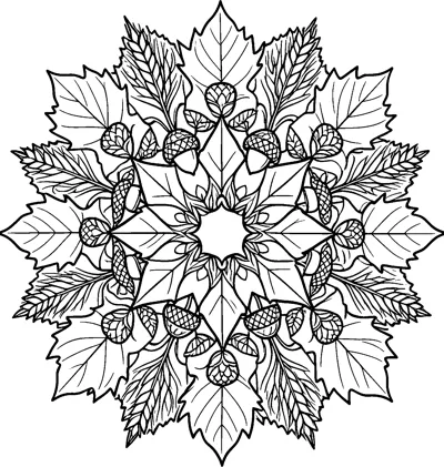 A round mandala made of layered maple leaves, acorns and wheat ears arranged in symmetrical rings around a star-shaped centre.