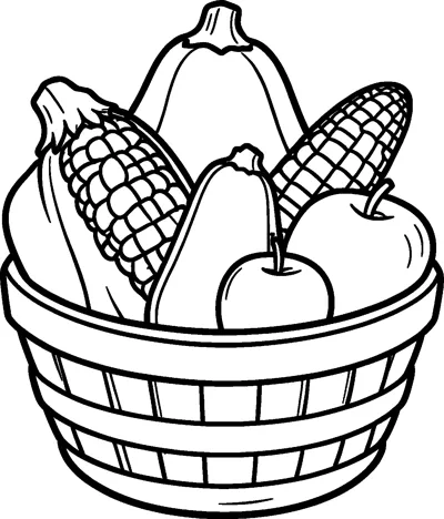 A slatted basket holds two corn cobs, two squashes and two apples.