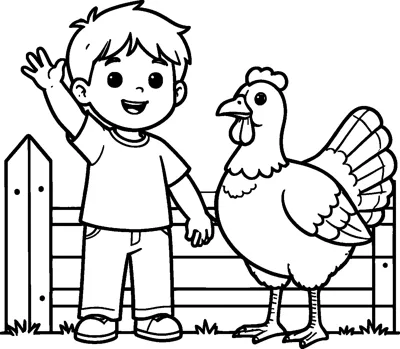 A smiling boy waves one hand while standing next to a turkey in front of a fence.