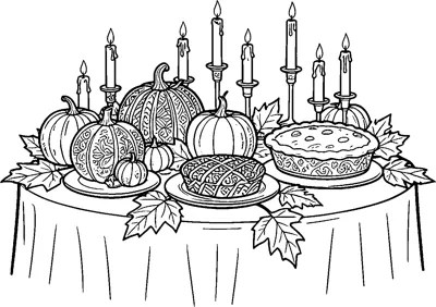 A round table with tall candles, patterned pumpkins, two pies and autumn leaves around the edge.