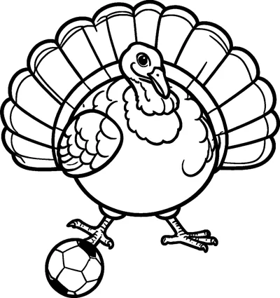 A round cartoon turkey with a fanned tail rests one foot on a football.