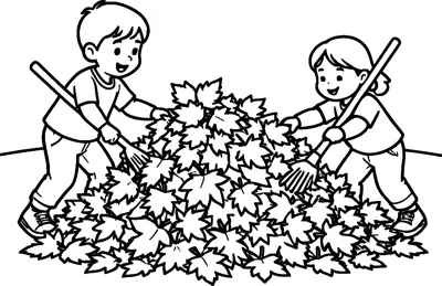 A boy and a girl use rakes to sweep autumn leaves into one large pile.