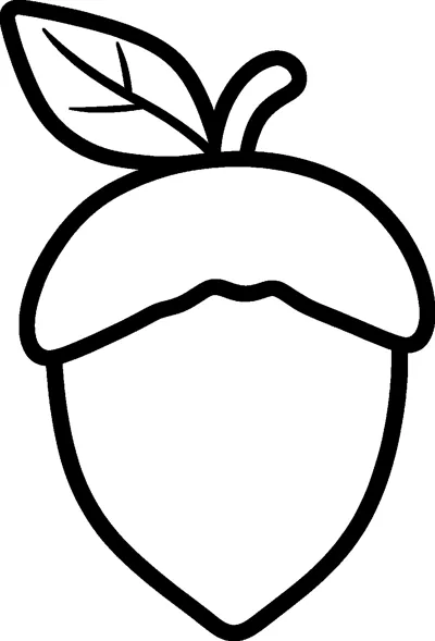 A large acorn with a curved stem and one veined leaf, outlined in thick black lines.