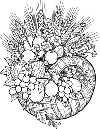 A woven horn-shaped cornucopia spills grapes, strawberries, pears, apples and flowers, with tall wheat stalks behind.