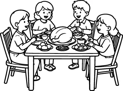Four smiling children sit on wooden chairs around a table with a roast turkey and side dishes.