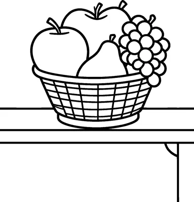 A woven basket holding two apples, a pear and a bunch of grapes sits on a table.