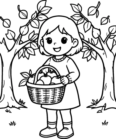 A smiling girl in a jumper and boots holds a basket of apples beneath two trees.