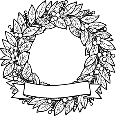 A round wreath of leaves and berry clusters with an empty ribbon banner across the bottom.