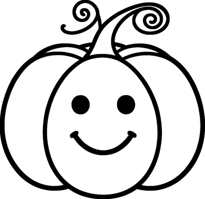 A round pumpkin with a happy face, two dot eyes and a big smile, topped with a stem and curly vine tendrils.