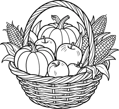 A woven basket with a twisted handle holds pumpkins, apples and ears of corn with long husk leaves.