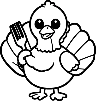A cute round turkey with big eyes stands with its tail fanned out, holding a fork in one wing.