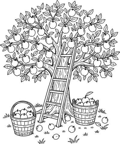 A wooden ladder leans on a leafy apple tree, with two baskets of apples and fallen apples below.