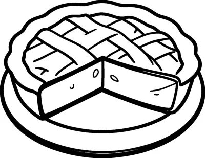 A round apple pie with a woven lattice top sits on a plate with one slice cut out.