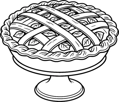 A pie with a woven lattice crust and little leaf shapes sits on a raised cake stand with a fluted crust edge.