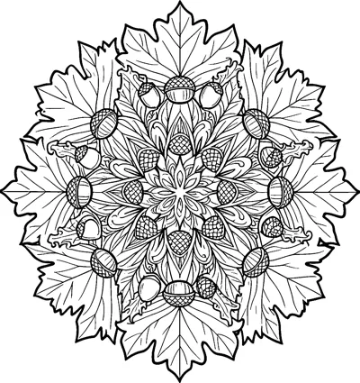A round mandala made of large maple leaves with a ring of acorns and a flower-like centre.
