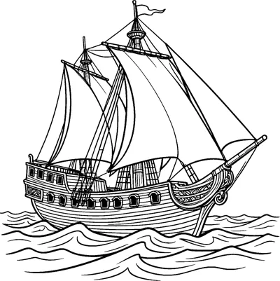 A wooden sailing ship with billowing sails, rigging, small windows and a flag on top sails across choppy waves.