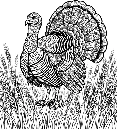 A wild turkey with a fanned tail full of ornate patterns stands among tall stalks of wheat.