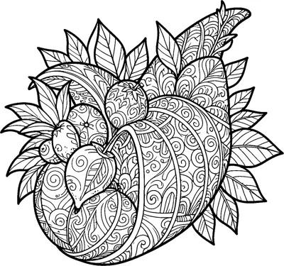 A curved horn covered in swirl patterns overflows with patterned fruit and is surrounded by pointed leaves.