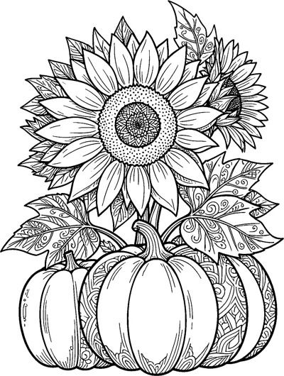 Two sunflowers and patterned leaves rise behind three pumpkins decorated with swirls.