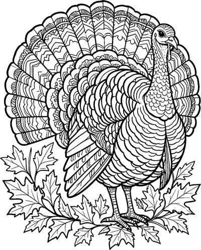 A turkey with a huge patterned tail fan and scalloped body feathers stands among a pile of maple and oak leaves.