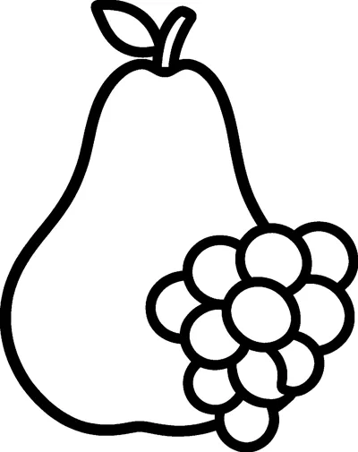 A large pear with a stem and leaf stands next to a bunch of round grapes at its side.