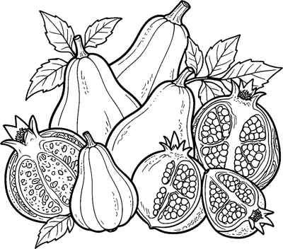 A still life of tall gourds and cut-open pomegranates showing their seeds, with leaves tucked between them.