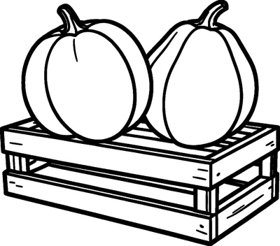 A round pumpkin and a pear-shaped gourd sit side by side on top of a slatted wooden crate.