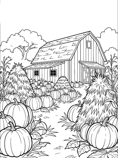 A pumpkin patch full of round pumpkins and leaves leads to a wooden barn, with tall haystacks and corn stalks on each side.