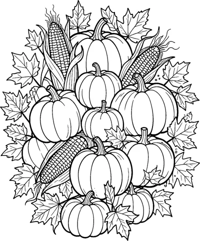 A tightly packed cluster of pumpkins, corn cobs and maple leaves fills the page.