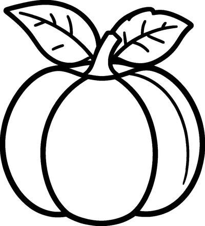 A round ribbed pumpkin with a short curved stem and two large veined leaves on top.