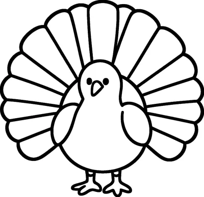 A simple round turkey with small wings and a big fan of tail feathers standing on two feet.