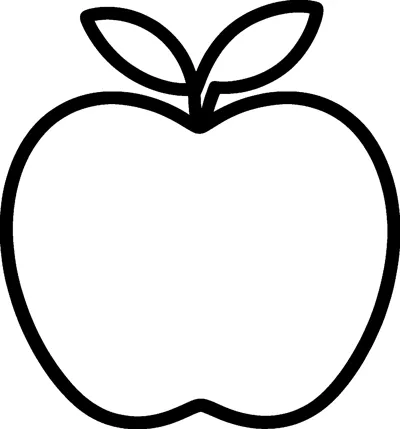 A large round apple with a short stem and two leaves at the top, drawn with thick smooth outlines.