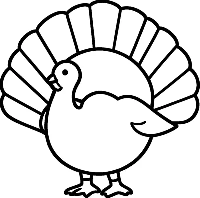 A round turkey with a small head, wattle and two feet stands in front of a big fan of wide tail feathers.