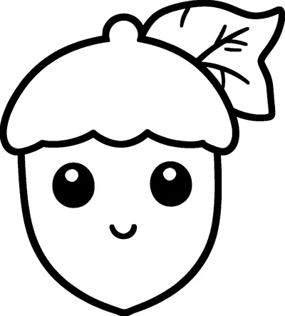 A smiling acorn with big round eyes wears its cap, with a single leaf tucked at the top.