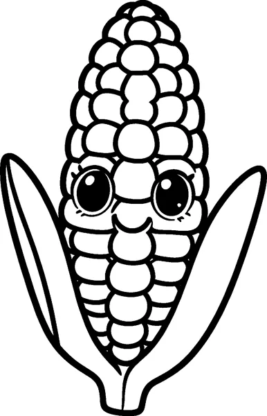 A cheerful corn cob with big sparkly eyes and a small smile sits between two open husk leaves.