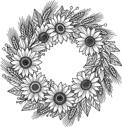 A round wreath of seven sunflowers mixed with wheat ears, leaves and small berry sprigs.