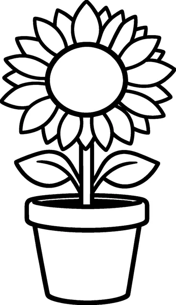 A tall sunflower with a big round centre and pointed petals grows from a simple flower pot, with two leaves on its stem.